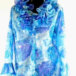 Vintage Classic Elegant Cave Ruffle Blouse Purple & Blue